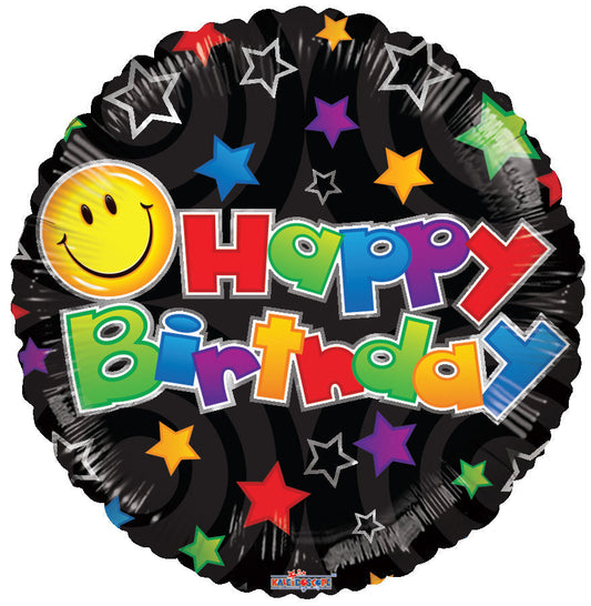 18" Birthday Smiley Black Balloon