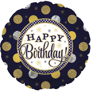 17" Happy Birthday Navy Gold & Silver Foil Balloon